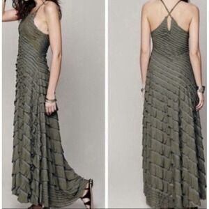 Free People Green Ruffle Maxi Dress Boho Layered Textured Strappy Medium